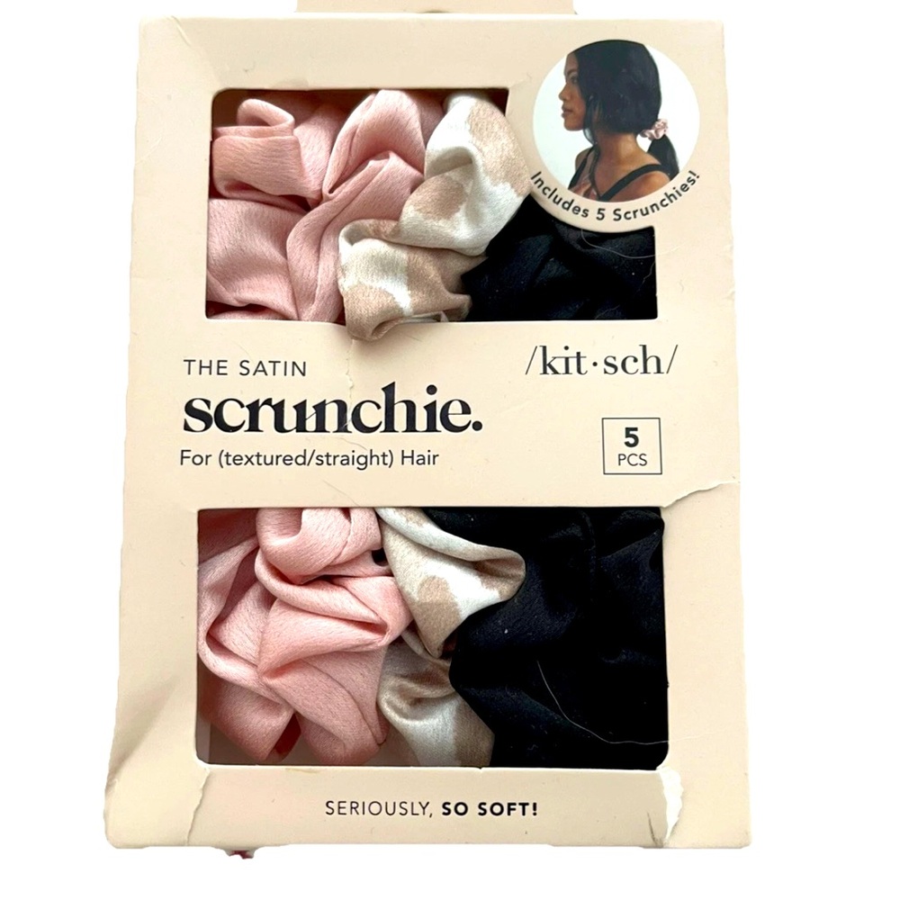 Kitsch Satin Scrunchie 5 piece Set - Pink, Black, Cream